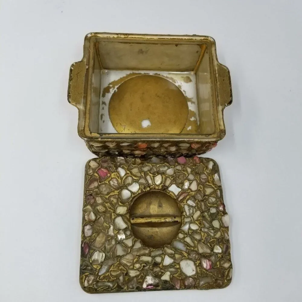 Moroccan Wedding Jewelry Box Inlaid Semi-Precious Stones Gems Gold 2.5